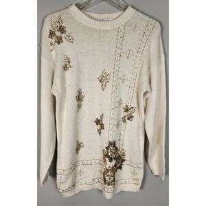 VTG Carol Rose Beaded Floral Cream Sweater‎ Womens M Ramie Cotton Knit Pullover